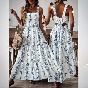 New Boho Floral Cut Out Tie Back Maxi Dress White Blue